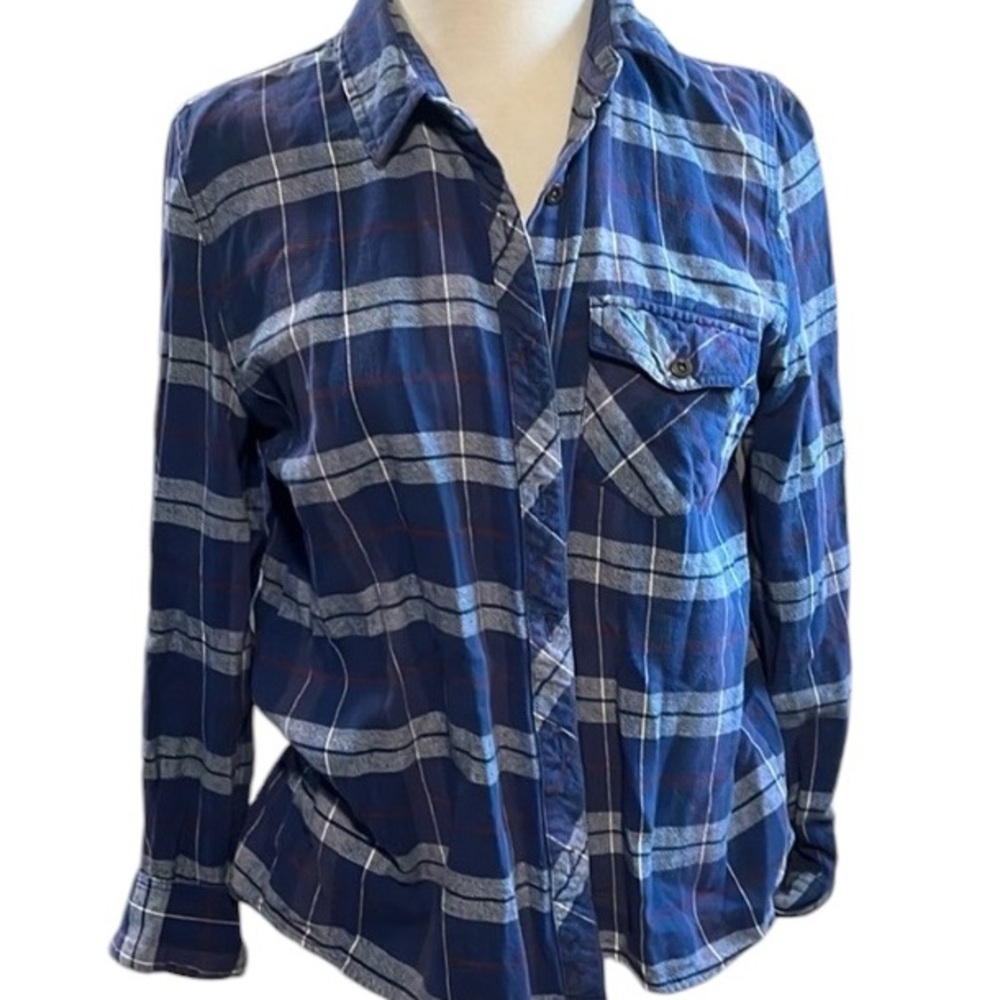 Check & Stripe Flannel Long Sleeve Collar Button Down Blue Plaid Size L Juniors